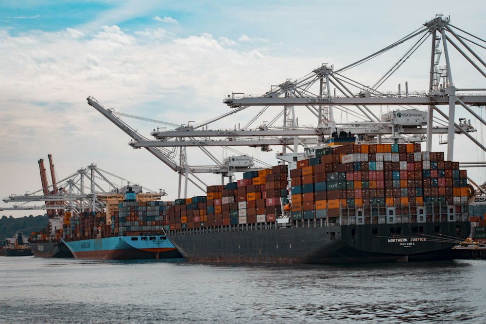 Cargo ships docked at a container pier